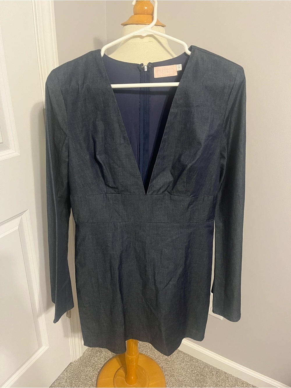 Farrow  Navy Denim Long-Sleeve Deep V-Neck Mini Dress Sz M